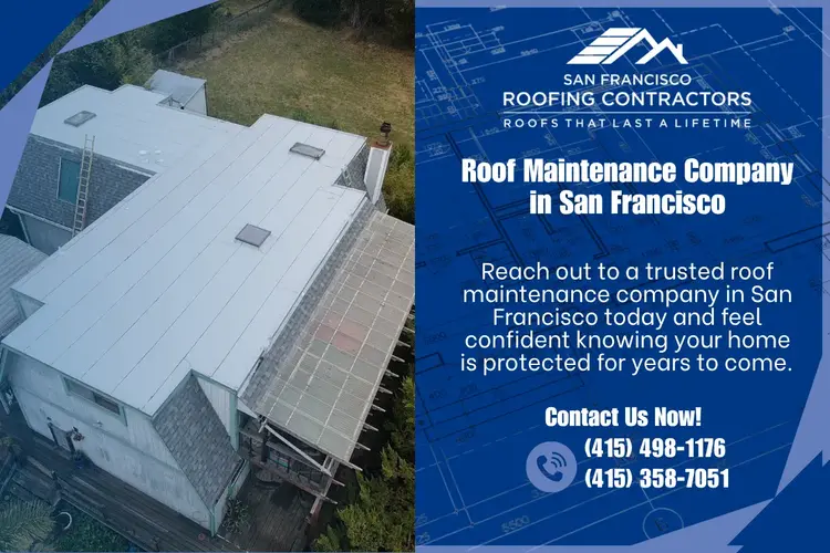 Aerial view of a San Francisco home with a maintained flat roof next to an ad for roof repair and maintenance services by local roofing experts
