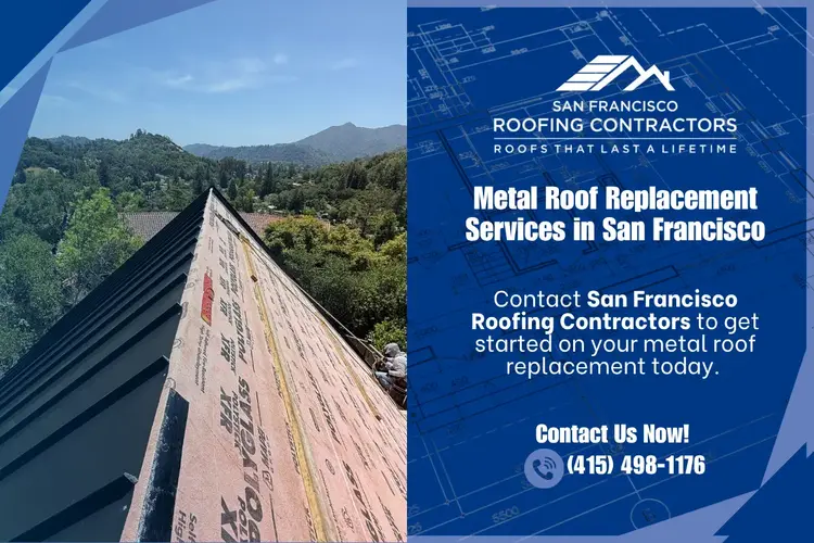 San Francisco metal roofing crew working on a sloped roof with scenic hills in the distance
