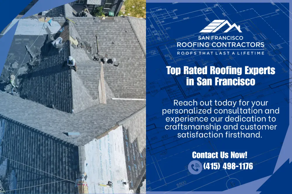Aerial view of roofing professionals installing shingles on a San Francisco home