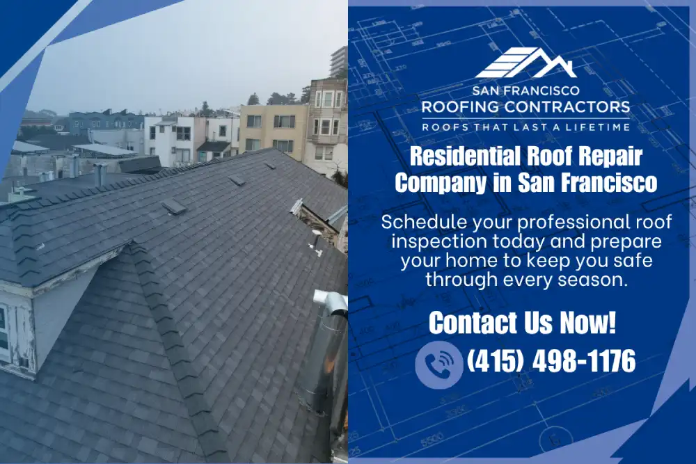 San Francisco home roof with company ad offering residential roof repair services