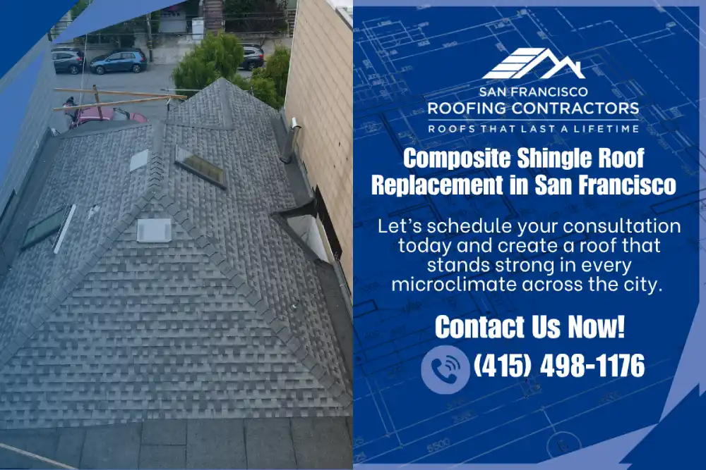 Composite shingle roof replacement on a San Francisco home with city microclimate durability