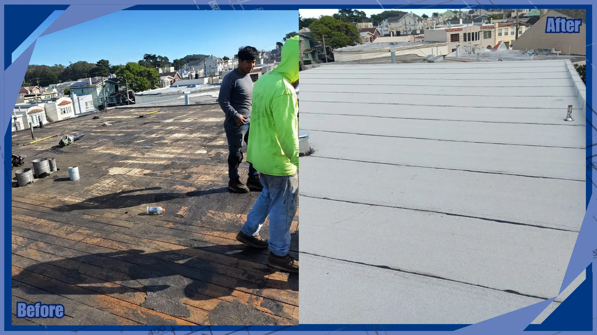 Before and after flat roof replacement in San Francisco, CA.