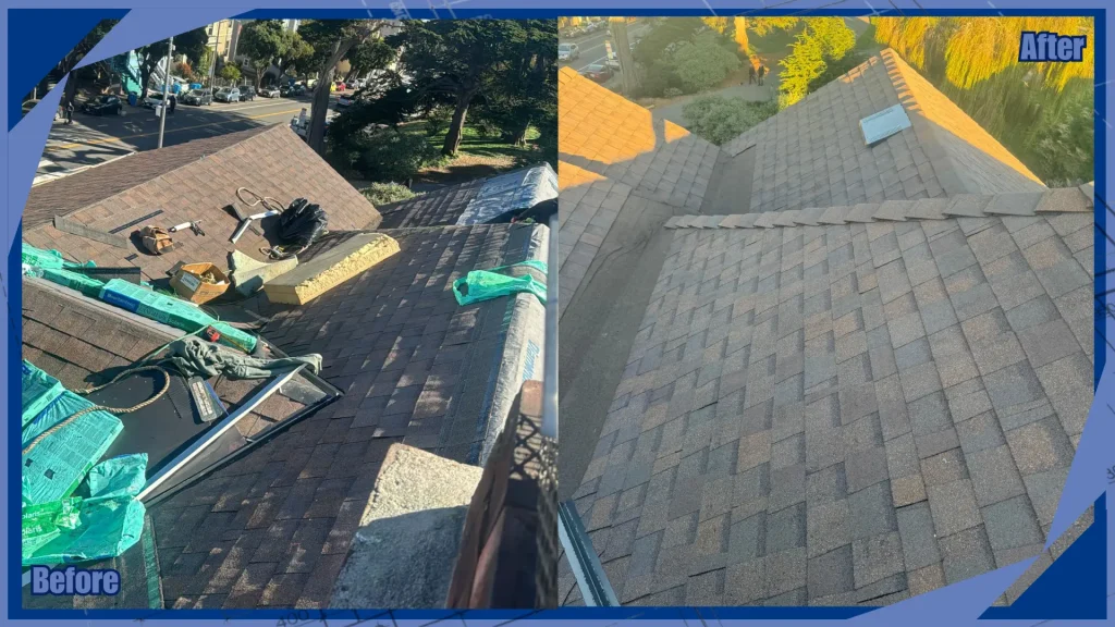 Before and after residential roof replacement in San Francisco, CA