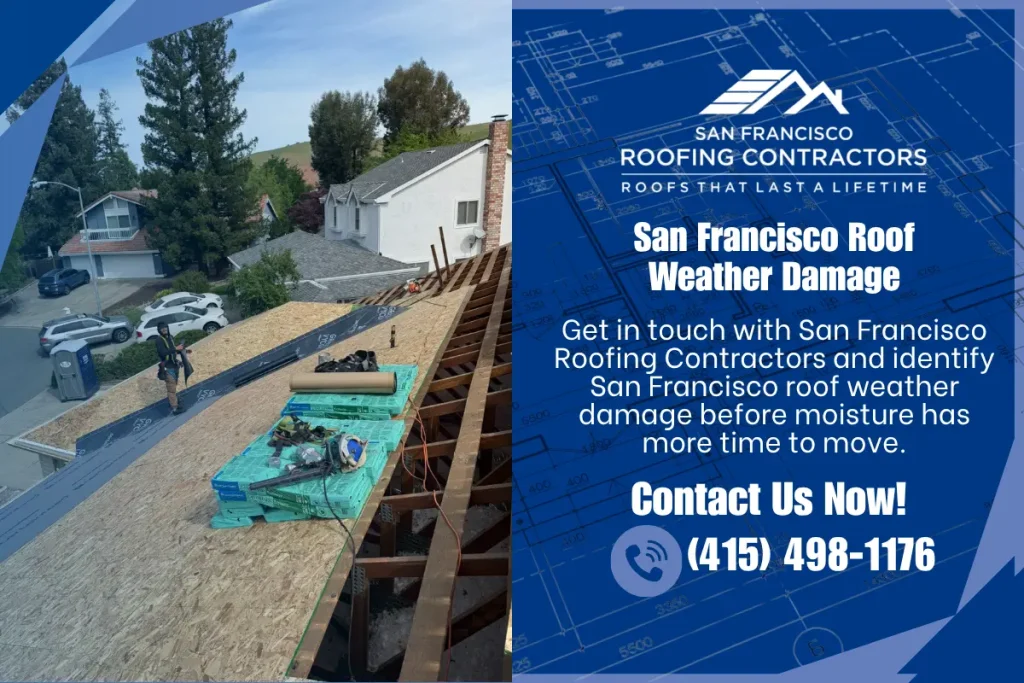 Weather-damaged residential roof in San Francisco, CA.