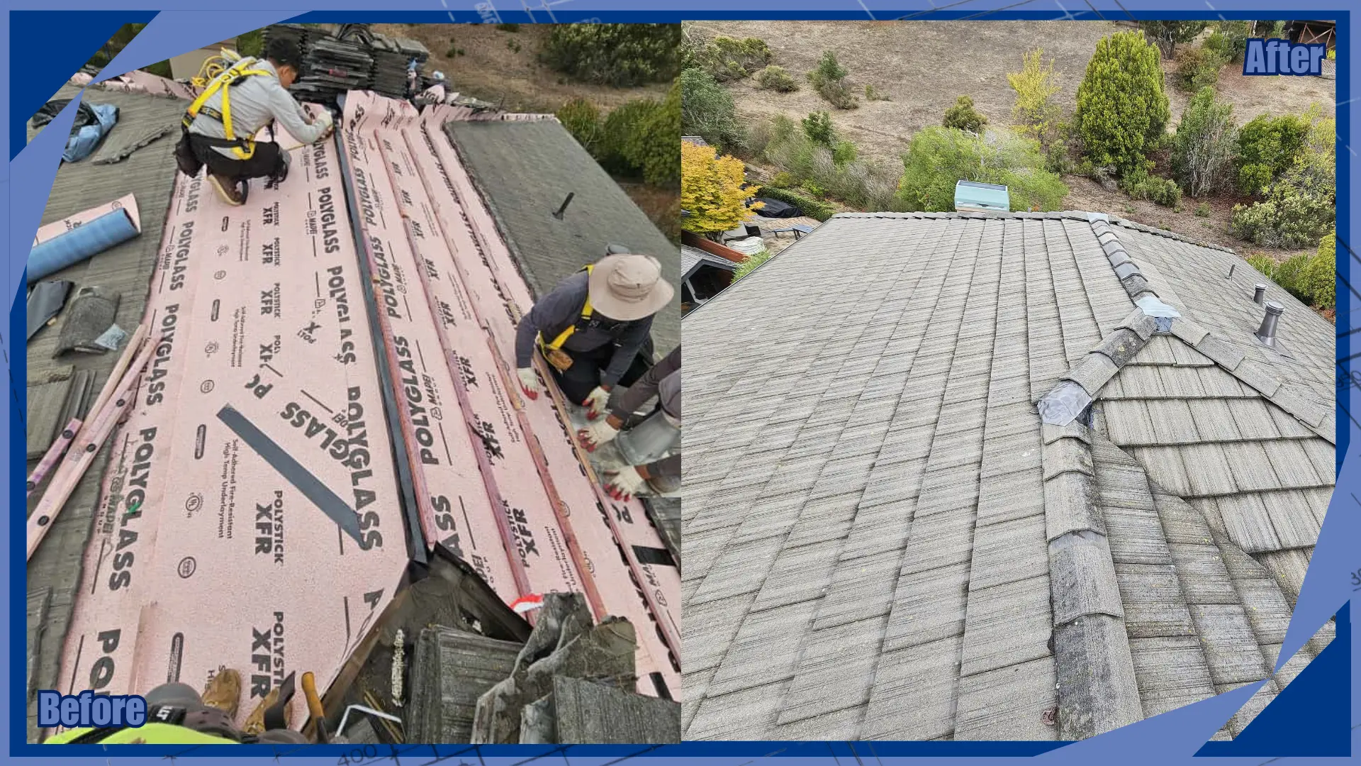 Before and after roof replacement with new underlayment and composite shingle installation