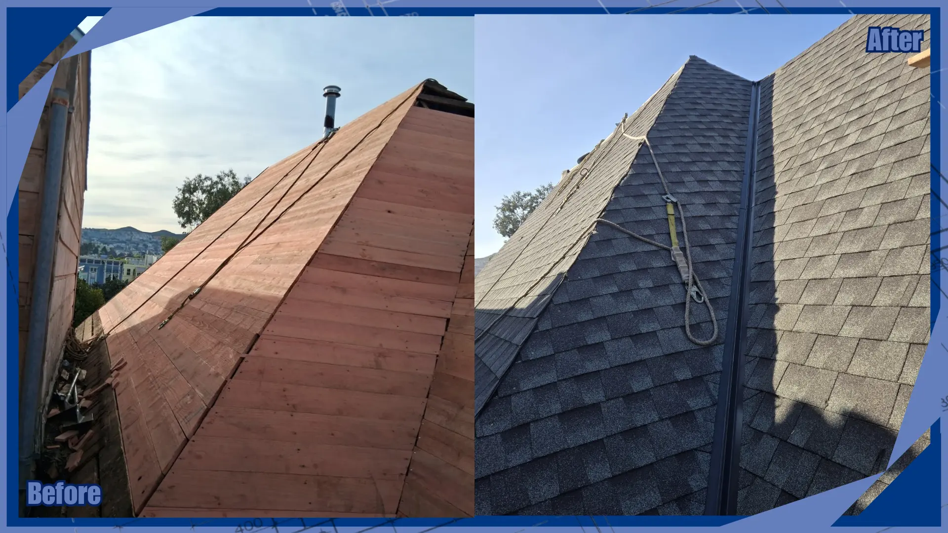 Roofers repairing an older home roof in San Francisco with sections of tile and flat roofing.
