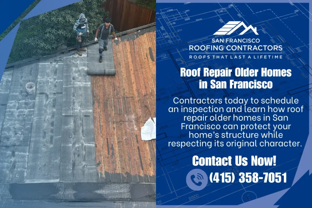 Roofers repairing an older home roof in San Francisco with sections of tile and flat roofing.