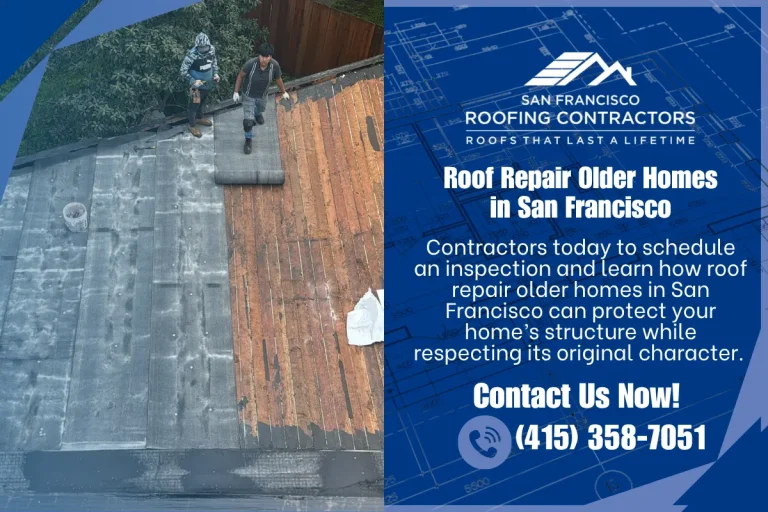 Roofers repairing an older home roof in San Francisco with sections of tile and flat roofing.
