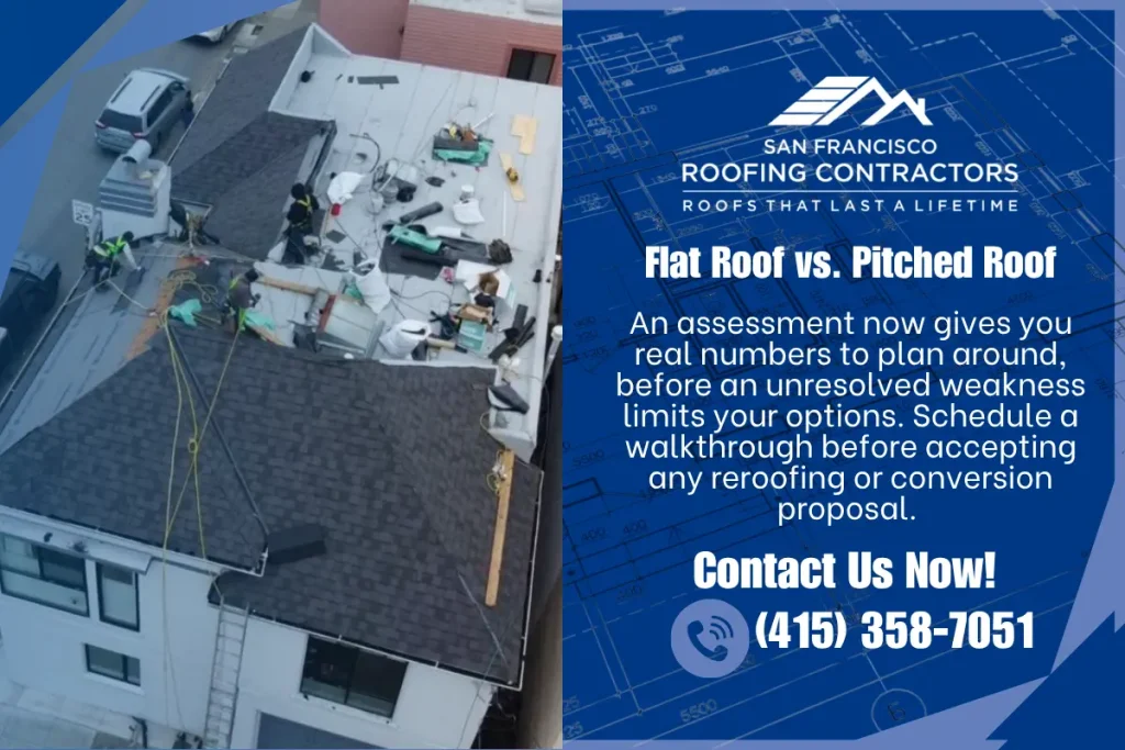 Flat roof vs. pitched roof comparison on a San Francisco home during roofing work