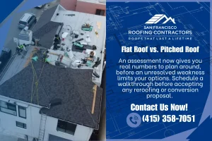Flat roof vs. pitched roof comparison on a San Francisco home during roofing work