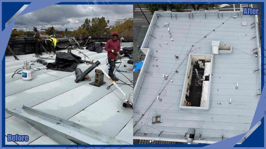 Before and after flat roof project showing roofing work in San Francisco