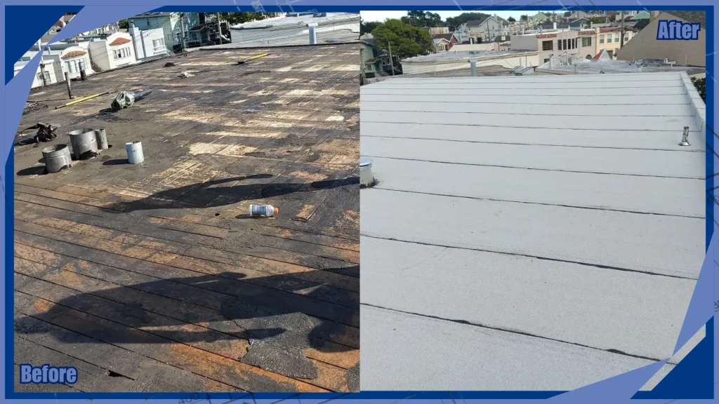 Before and after flat roof replacement on a San Francisco building